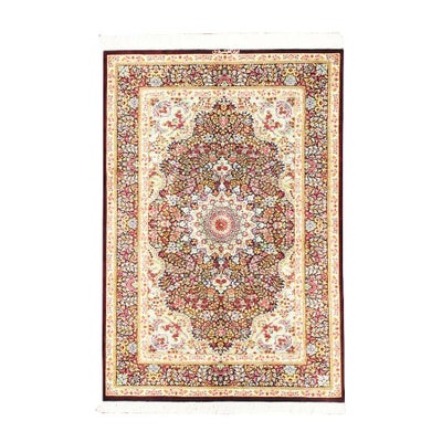 ペルシャ絨毯 クム産<br>シラジィ工房<br>絹100% 100x148cm<br>商品番号77359