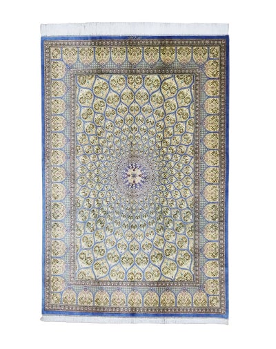 ペルシャ絨毯 クム産<br>ミルメフィティ工房<br>絹100% 132×196cm<br>商品番号77365