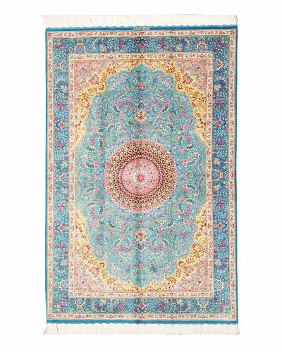 ペルシャ絨毯 クム産<br>シラーズィ工房<br>絹100% 130×200cm<br>商品番号80310