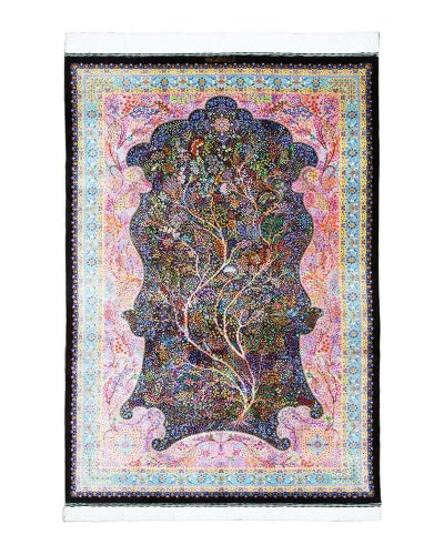 ペルシャ絨毯 クム産 <br>アミルレザイ工房<br>絹100% 140×200cm<br>商品番号87708
