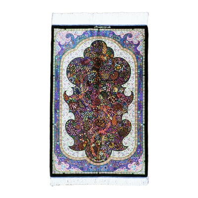 ペルシャ絨毯 クム産<br>エスハーヴィ工房<br>絹100%  80×123cｍ<br>商品番号87715