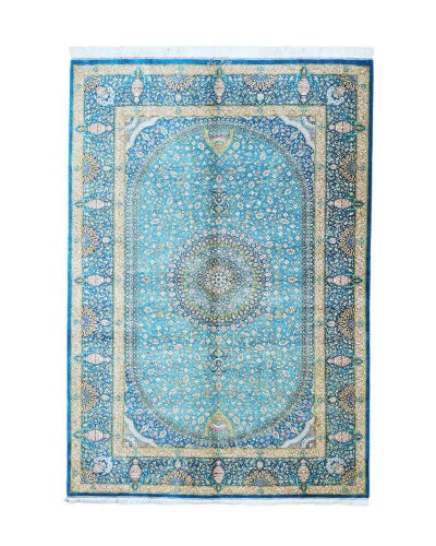 ペルシャ絨毯 クム産<br>レザイ工房<br>絹100% 134×197cm<br>商品番号88581