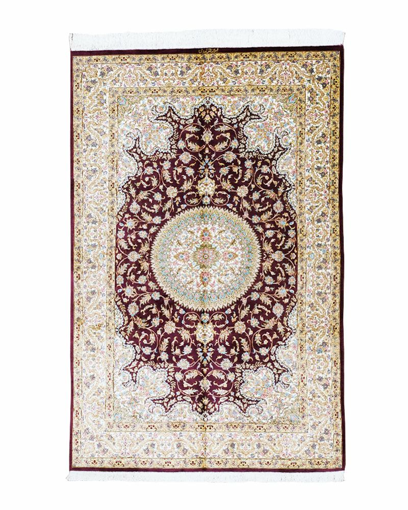 ①ペルシャ絨毯 ペルシャ絨毯クム産アハマディ工房絹100% 130×202cm商品番号88701