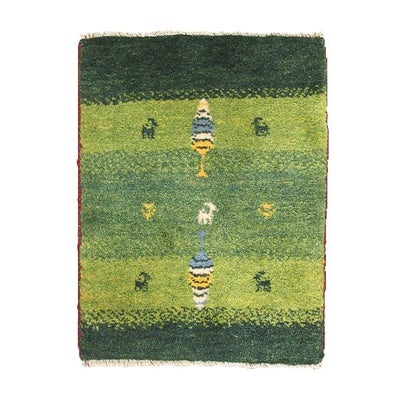ペルシャ絨毯 手織り<br>ギャッベ　シラーズ産<br>毛100％　43×56cm<br>商品番号89474