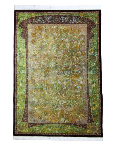 ペルシャ絨毯 クム産<br>エスハーヴィ工房<br>絹100% 196×298cm<br>商品番号89427