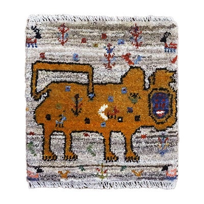 ペルシャ絨毯  手織り<br> ギャッベ  シラーズ産<br>毛100％　39×41ｃm<br>商品番号90194(ライオン)