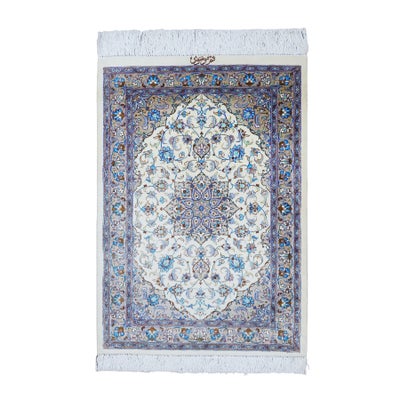 ペルシャ絨毯シルク<br>クム産ムサヴィ工房<br>絹100％ 59×85cm<br>商品番号91277