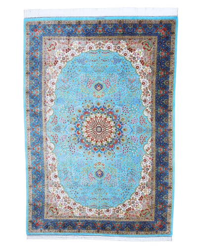 ペルシャ絨毯 クム産 <br>シラーズィ工房<br>絹100% 199×290cm<br>商品番号91373