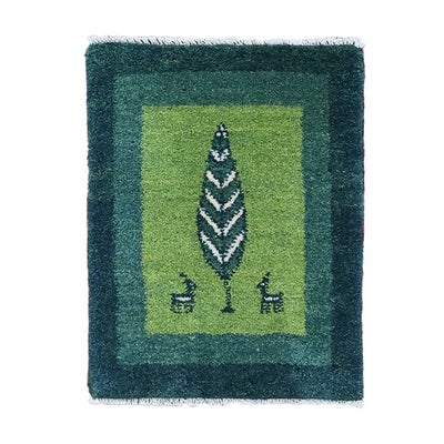 ペルシャ絨毯 手織り<br>ギャッベ　シラーズ産<br>毛100％　43×54cm<br>商品番号91350