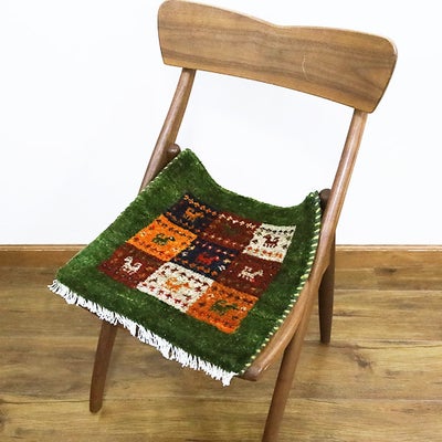 ペルシャ絨毯 ギャッベ　<br>座布団　40×40cm　<br>No.91602　グリーン