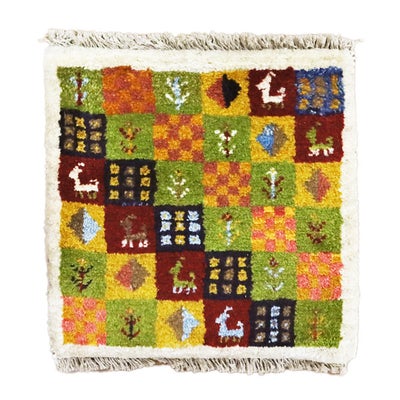 ペルシャ絨毯 ギャッベ　<br>座布団　43×43cm　<br>No.91614　グリーン