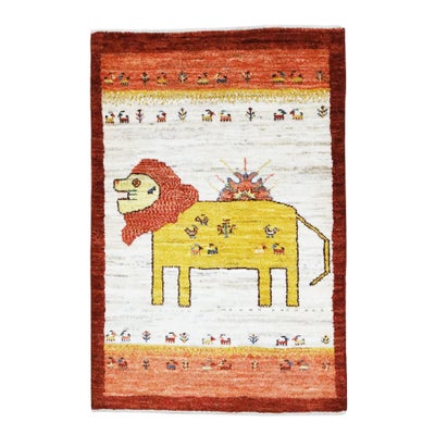 ペルシャ絨毯<br> ギャッベ　カシュクリ<br>ウール　ライオン<br>63×96cm 玄関マット<br>No.92156